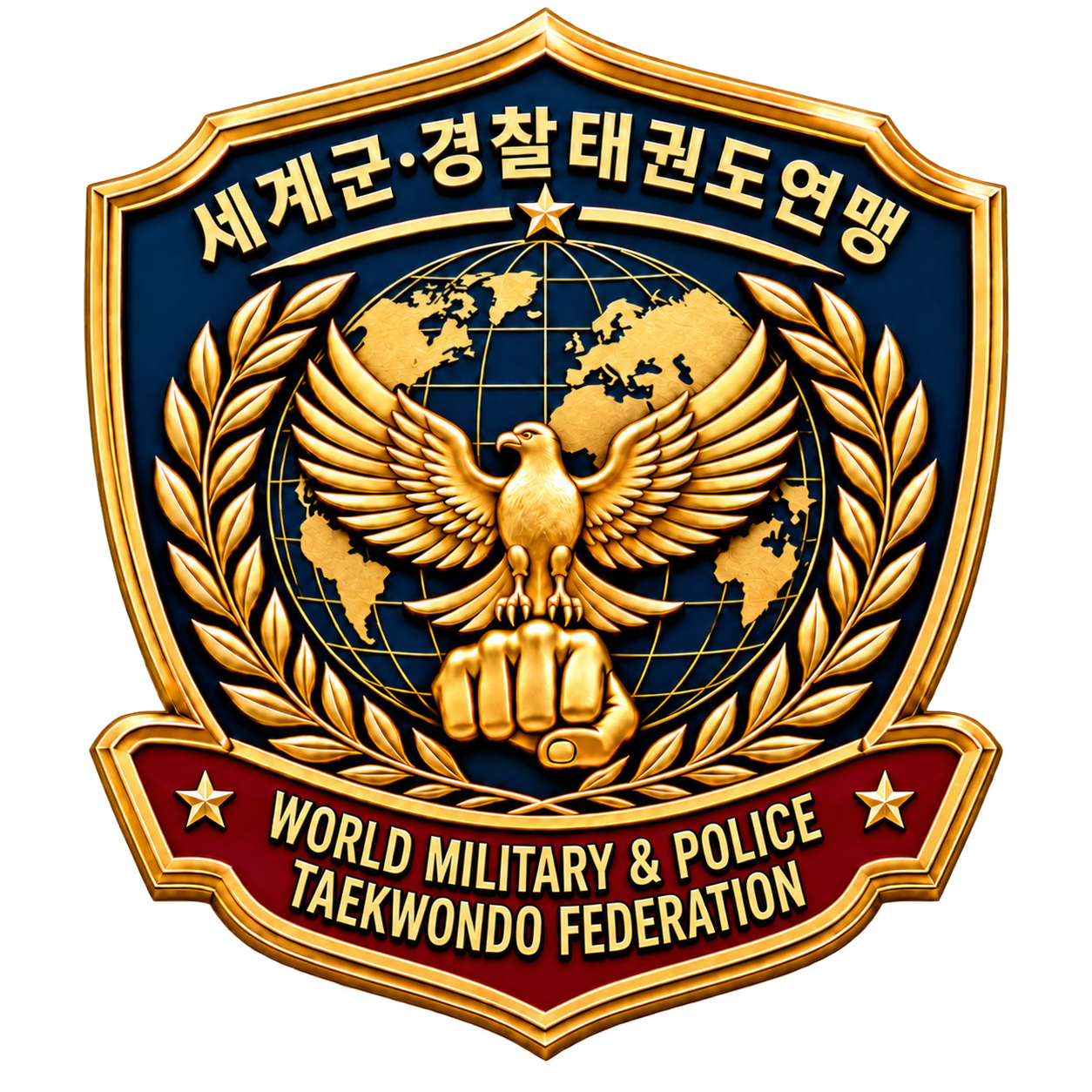 세계군·경찰태권도연맹 공식 명칭이 담긴 금색 방패 엠블럼